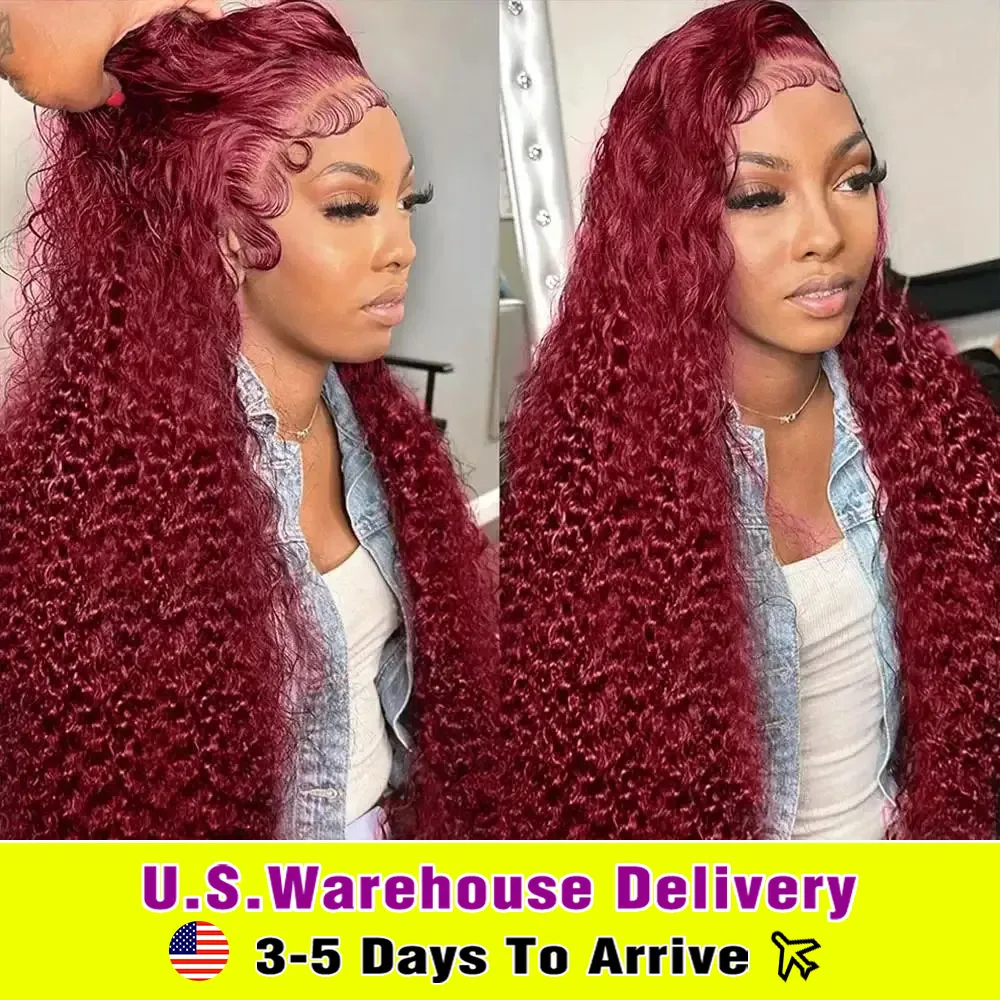 Perruque Lace Front Wig Deep Wave Naturelle Bouclée, Cheveux Humains, Rouge Bordeaux 99J, 13x4, HD, Pre-Plucked, en Solde