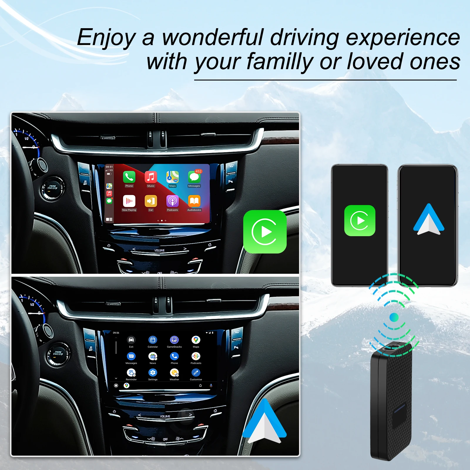 Podofo USB Wireless CarPlay Android Auto 2-in-1 wireless Box Mirrorlink Car Multimedia Player Bluetooth Auto Connect