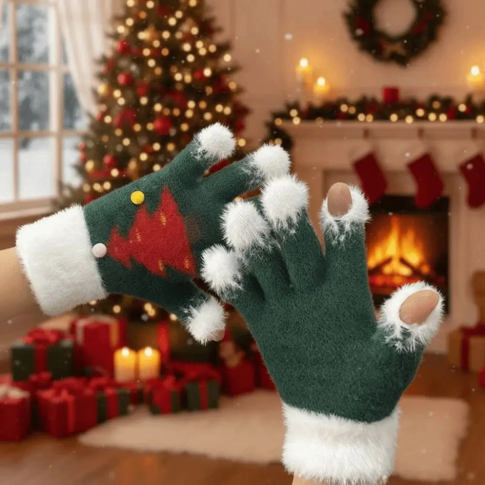 Red Green Christmas Gloves Knitted Woolen Elastic Wrist Winter Knit Mittens Thick Lining Soft Texture Touchscreen Full Finger