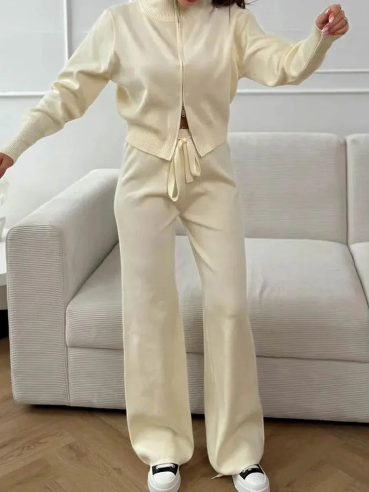 

Elegant Stand Collar Zipper Coat & Long Pant Set Women Casual Long Sleeve Knitted Outfits Fashion Sportwear Solid Slim 2Pc Suit
