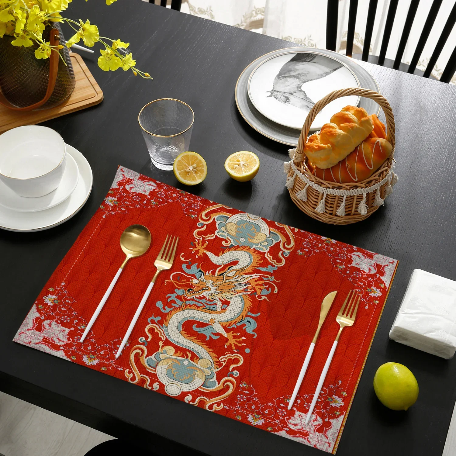 1pcs Chinese Dragon Pattern Linen Placemats For New Year Party Table Mats for Dining Table Kitchen Accessories Home Decor