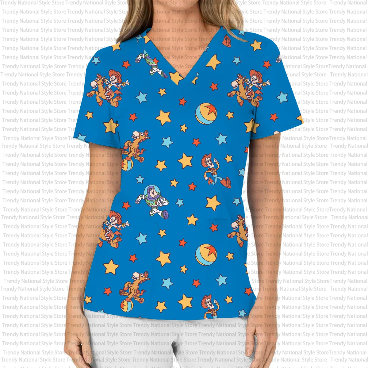 Summer Disney Buzz Lightyear Women's Work Uniform V-Neck Pocket Frosted Top with Unique Print Suitable for Business T-Shirt