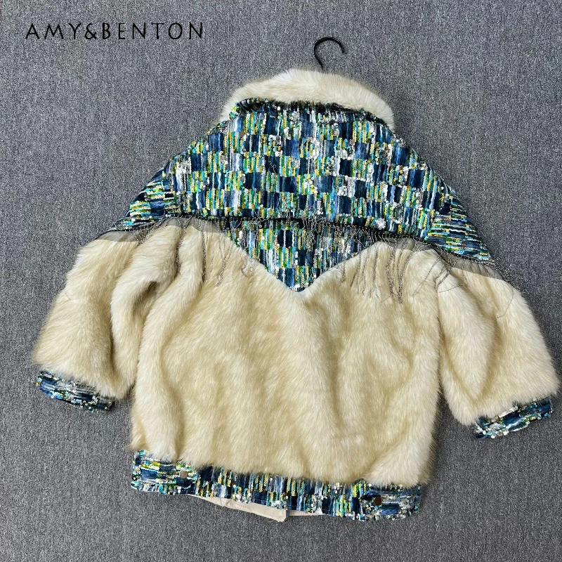 Kurtka zimowa 2025 z imitacji futra lisa, styl koreański, luźny krój, modny płaszcz z cekinami, elegancki, casualowy, zapinany na zamek, wełniany, jednoczęściowy, jaquetas