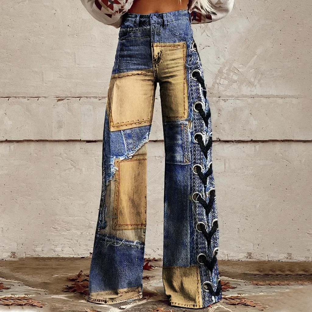 

High Waist Pattern Print Wide Leg Pants Summer Autumn Women Fashion Patchwork Trousers Club Pants Trousers Female Streetwear