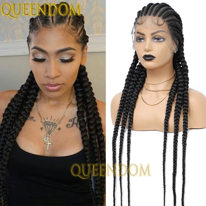 Synthetic Dutch Twins Braids Wig 36 Inch Jumbo Crochet Distressed Cornrow Plaits Braid Black Women Wig Full Lace Box Braided Wig