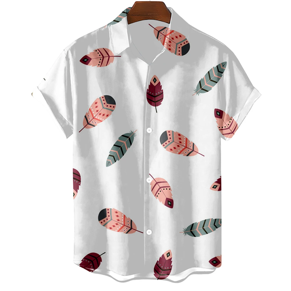 Fashion Original Men\'s Shirt Hawaii Casual Men Shirt Slim Fit Short Sleeve Tops Oversized Simple Feather Print Camisa MasculinaA