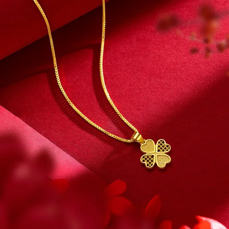 

9999 Real Gold 24K Female niche popular four-leaf clover necklace ins high-end four-leaf clover love collarbone necklace