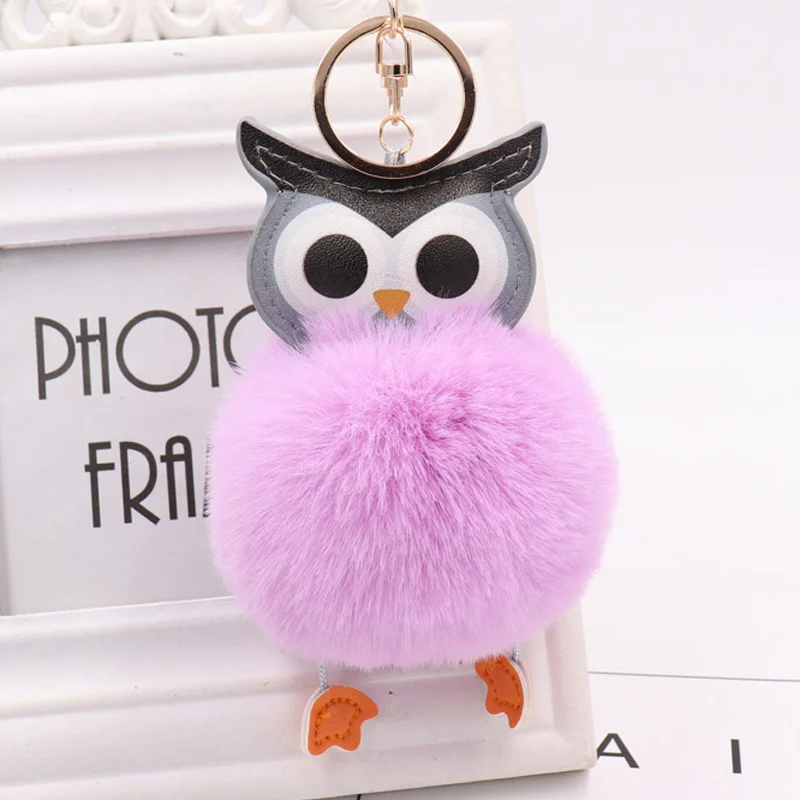 XQFATE Cute Owl Plush Doll Keychain for Women Cartoon Leather Car Pendant Key Ring Bags Mobile Phone Accessories Jewelry Gifts