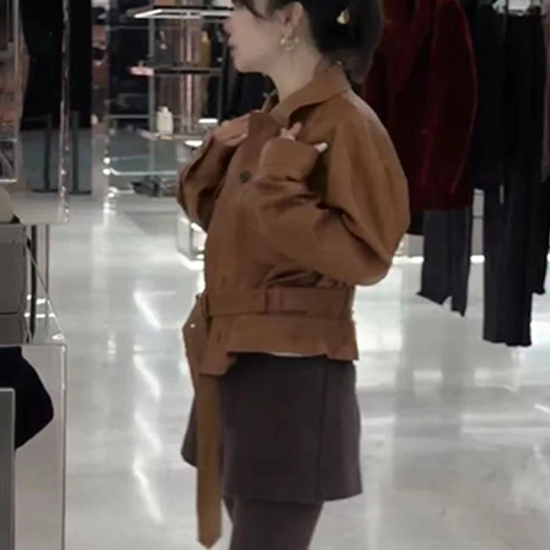 Daitong 2025 primavera eepskin cuero Jaet mujer suelta adelgazamiento Casual Biker abrigo cuello largo Sve ort longitud