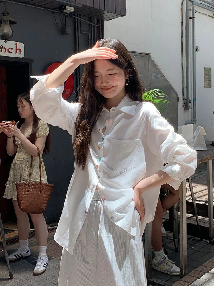 

Женская свободная рубашка с длинными рукавами в корейском стиле, весенний дизайн, дышащая, удобная, повседневная, с пуговицами