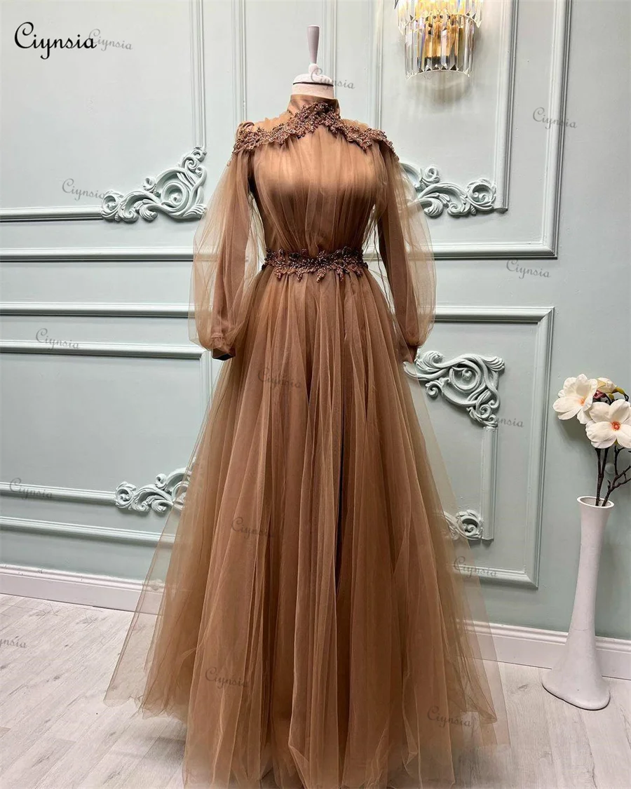 Ciynsia Elegant A-Line Muslim Formal Dress Long Sleeves Tulle High Neck Appliques Prom Dresses for Women Party Wedding Evening