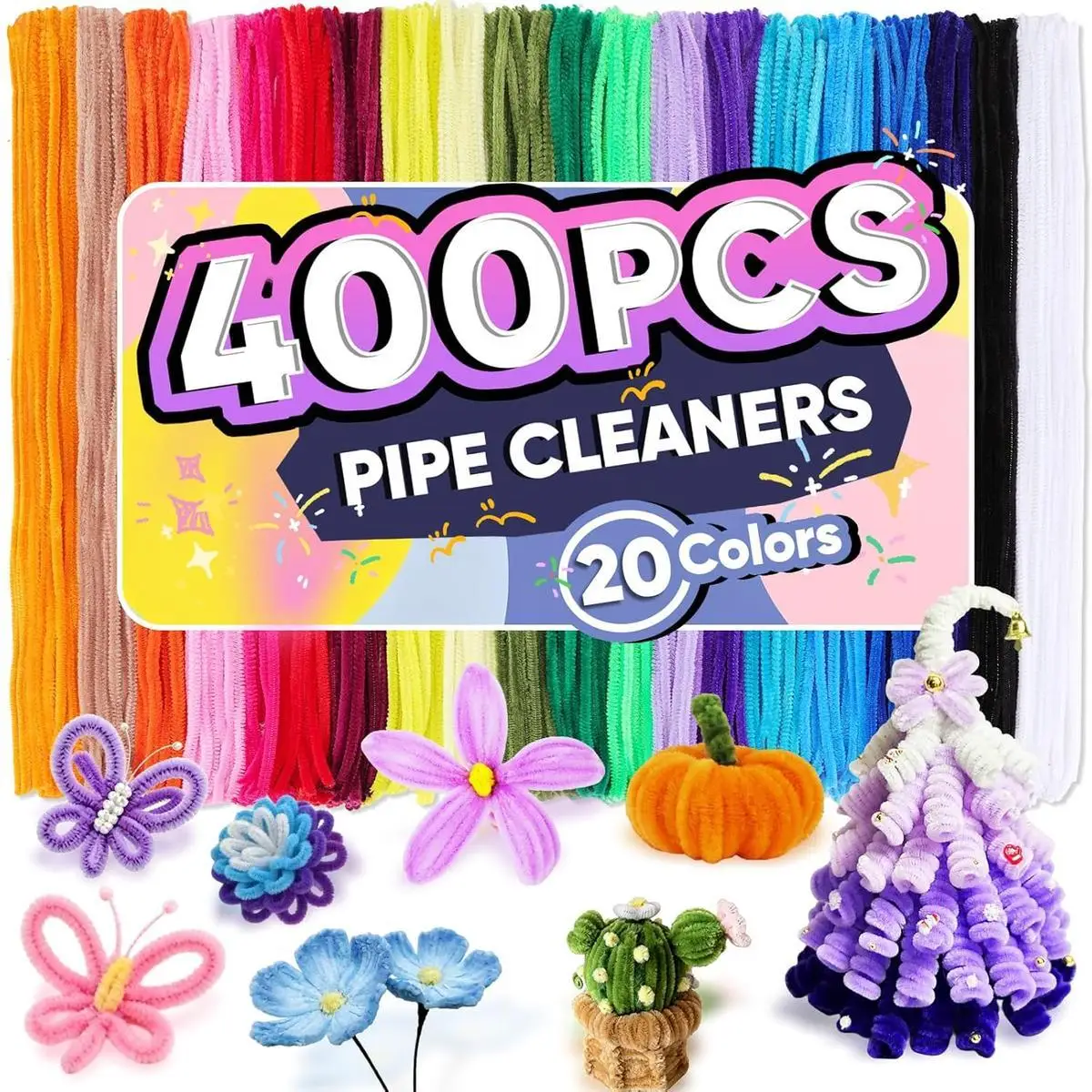 400 pièces de nettoyeurs de tuyaux, 20 couleurs, tiges créatives, nettoyeurs de tuyaux en vrac pour loisirs créatifs, fournitures de décoration pour la maison et les activités artistiques