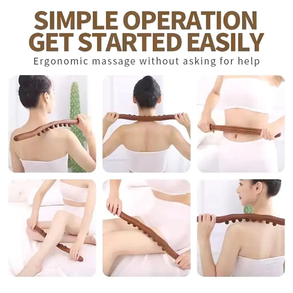 8 Beads Beech Wood Massage Stick Carbonized Wood Back Scrapping Meridian Therapy Wand Muscle Relaxing Body Massager Tool