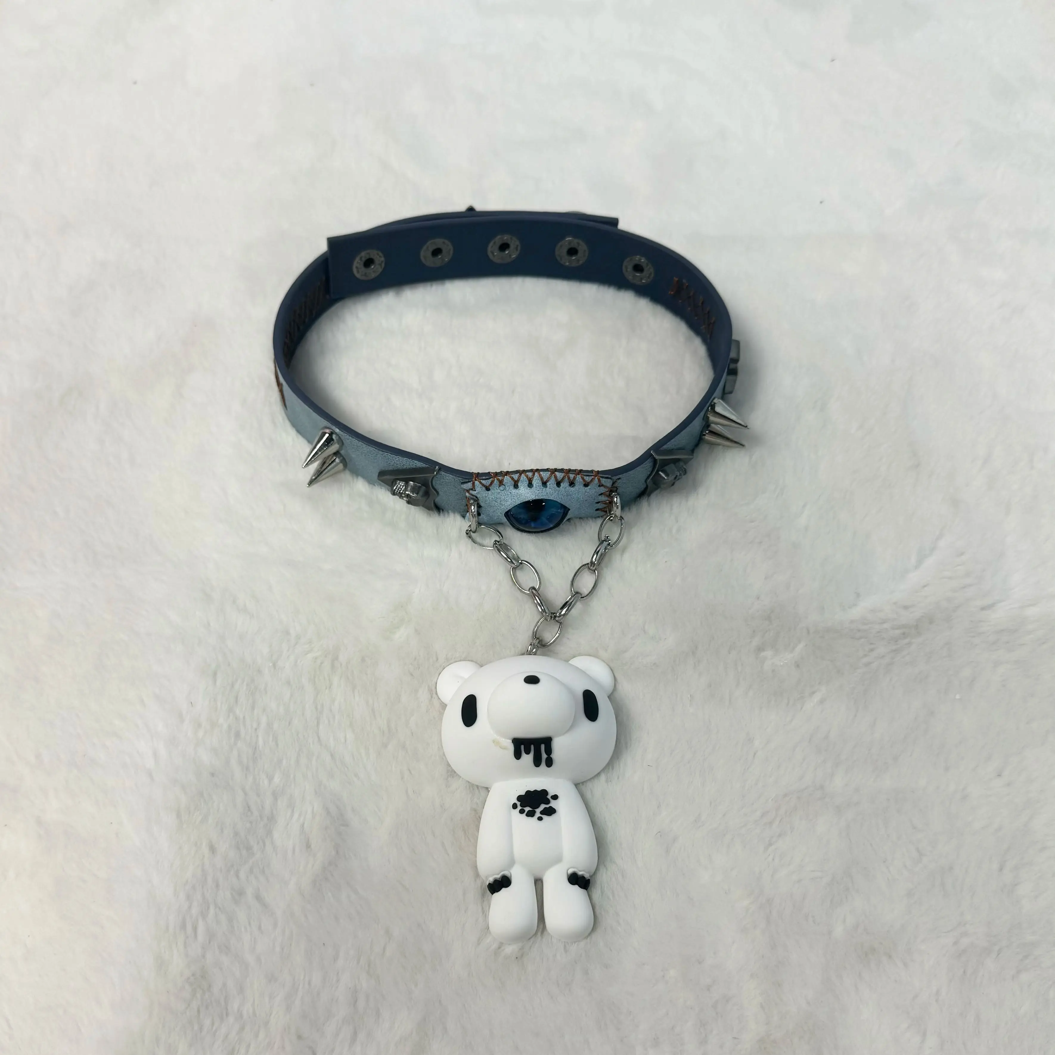 Gothic Bear Pendant Choker, Punk Rivet Decor Adjustable Faux Leather Neck Strap, Harajuku Dark Style Neck Accessory
