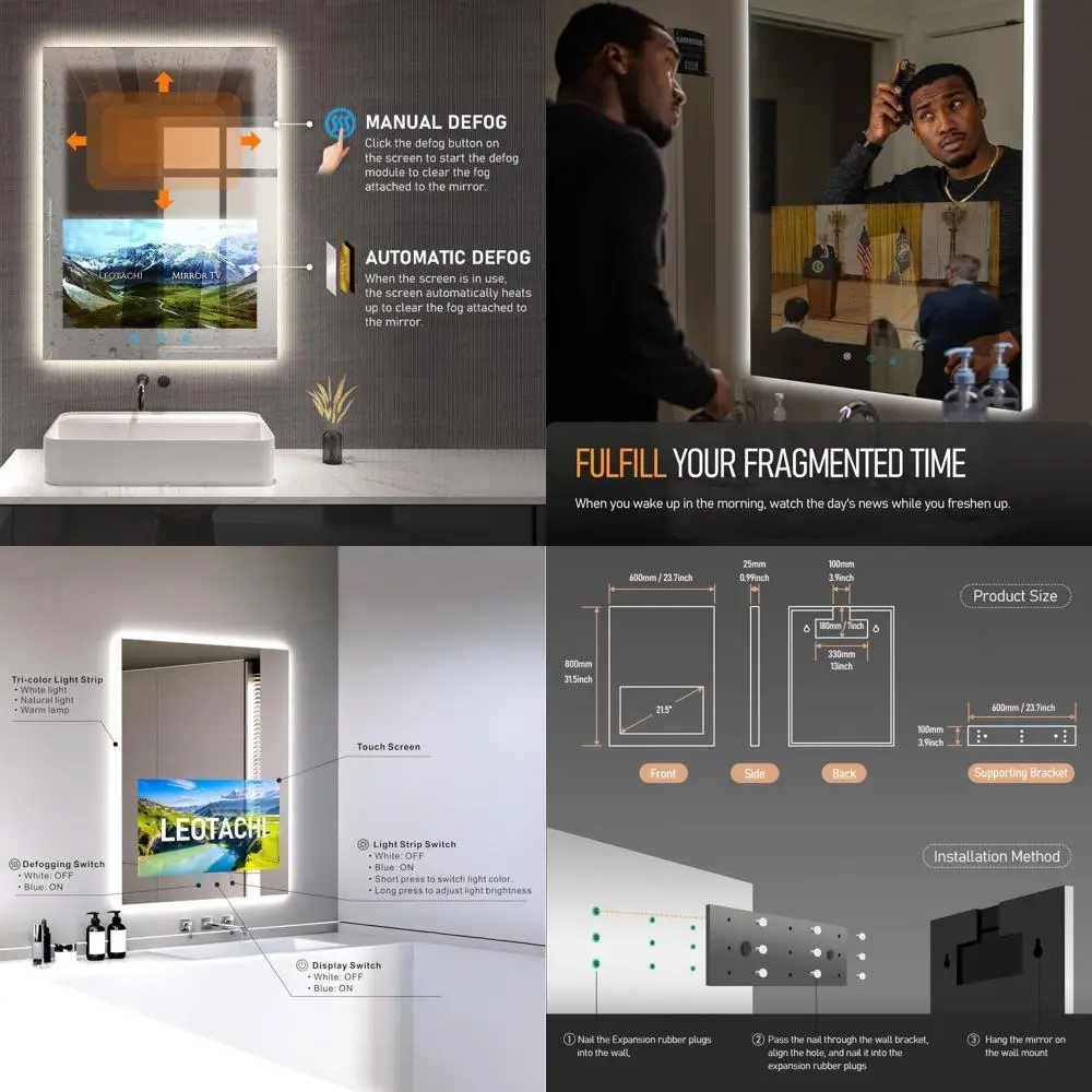 

Водонепроницаемое LED-зеркало для ванной 24 x 32 дюйма с сенсорным экраном, Android, 3-цветной подсветкой, Bluetooth/HDMI-подключением для домашнего использования