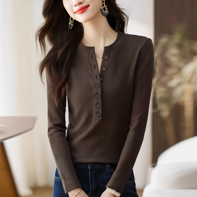 Nuovo 2025 Autunno a maniche lunghe tinta unita T-shirt da donna Moda Casual scollo a V Top in maglia Stile coreano Lady Tees