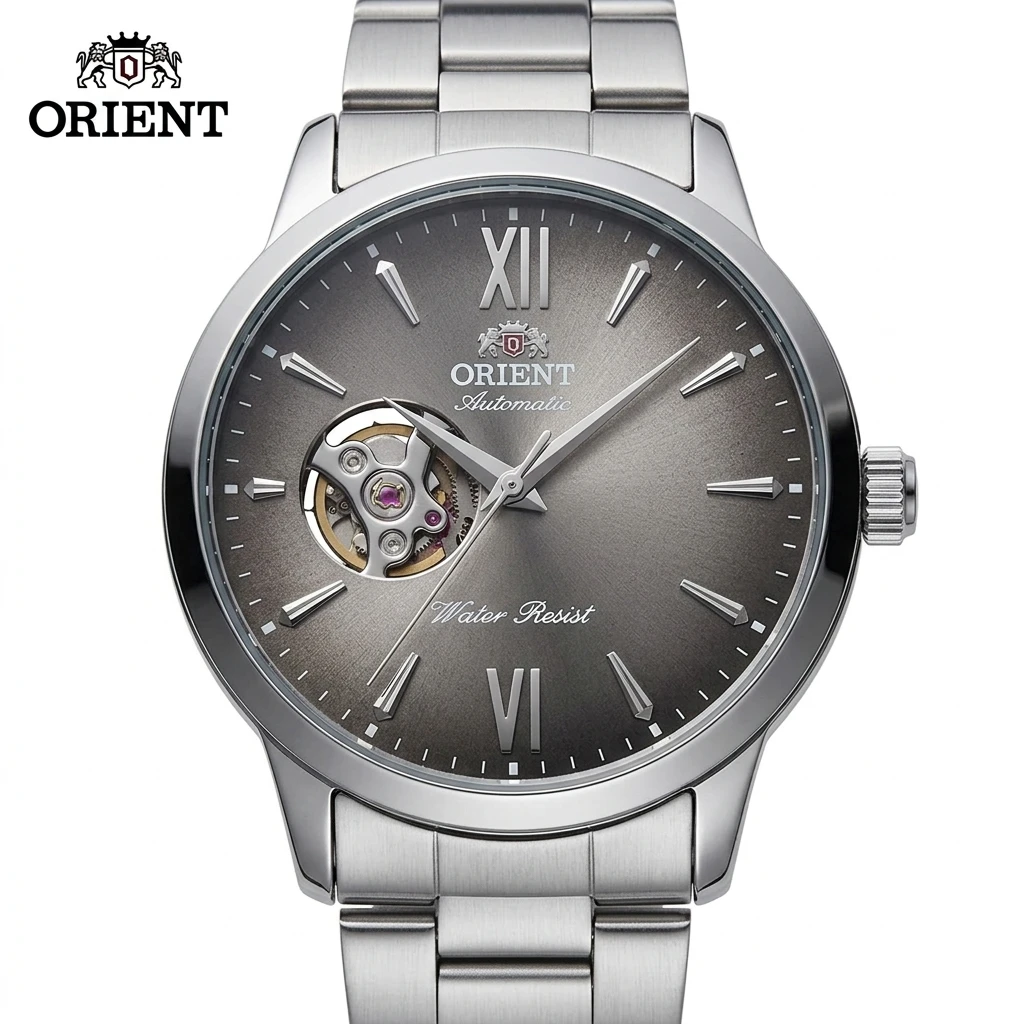 Luxury Orient Skeleton Automatic Wristwatch for Men Stainless Steel Band Blue Dial Formal Waterproof Mechanical Dress Watch