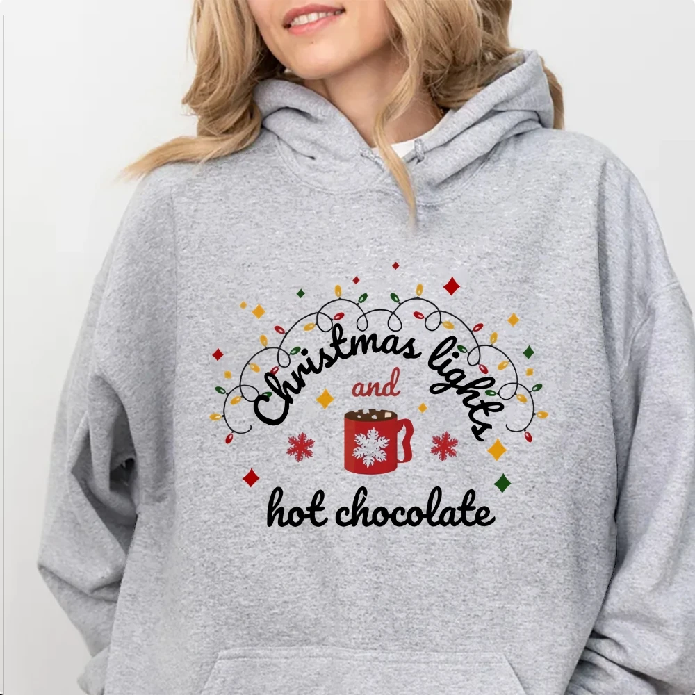 Christmas Lights and Hot Chocolate Hoodie Merry and Bright Family Christmas Sweatshirt Festive Women's Hooded Sweatshirt Top