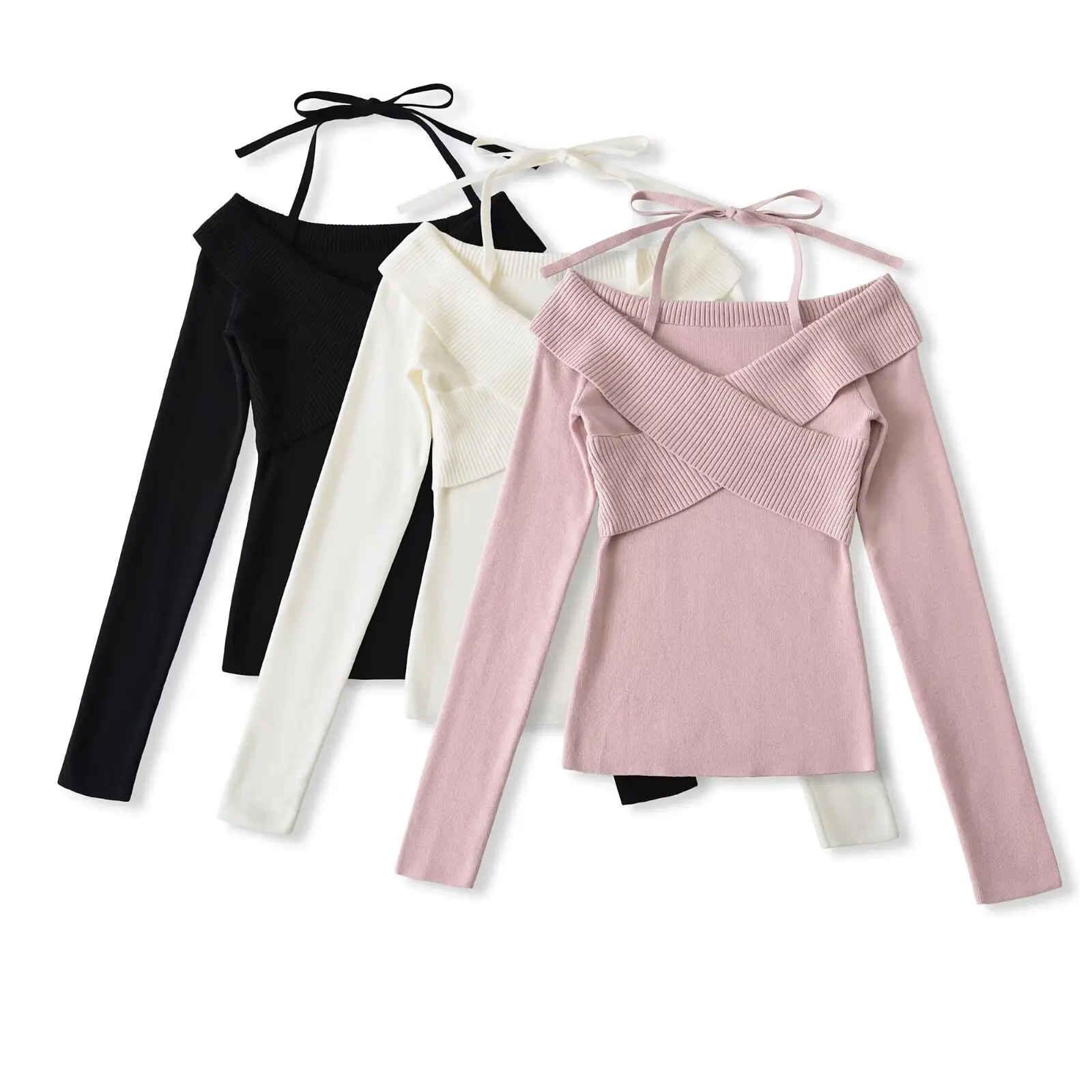 

French Sle ort Knitted Sweater Women's Cross oulder Bared Inner Wear Nylon Long Sve Slim Fit Autumn Winter Faion