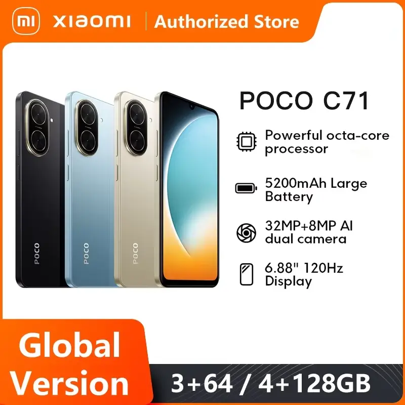 هاتف POCO C71 الإصدار العالمي بشاشة 6.88 بوصة HD+ وبطارية 5200 مللي أمبير في الساعة وكاميرا مزدوجة 32 ميجابكسل مع ذكاء اصطناعي وشحن سريع 15 واط ومعالج UNISOC T7250