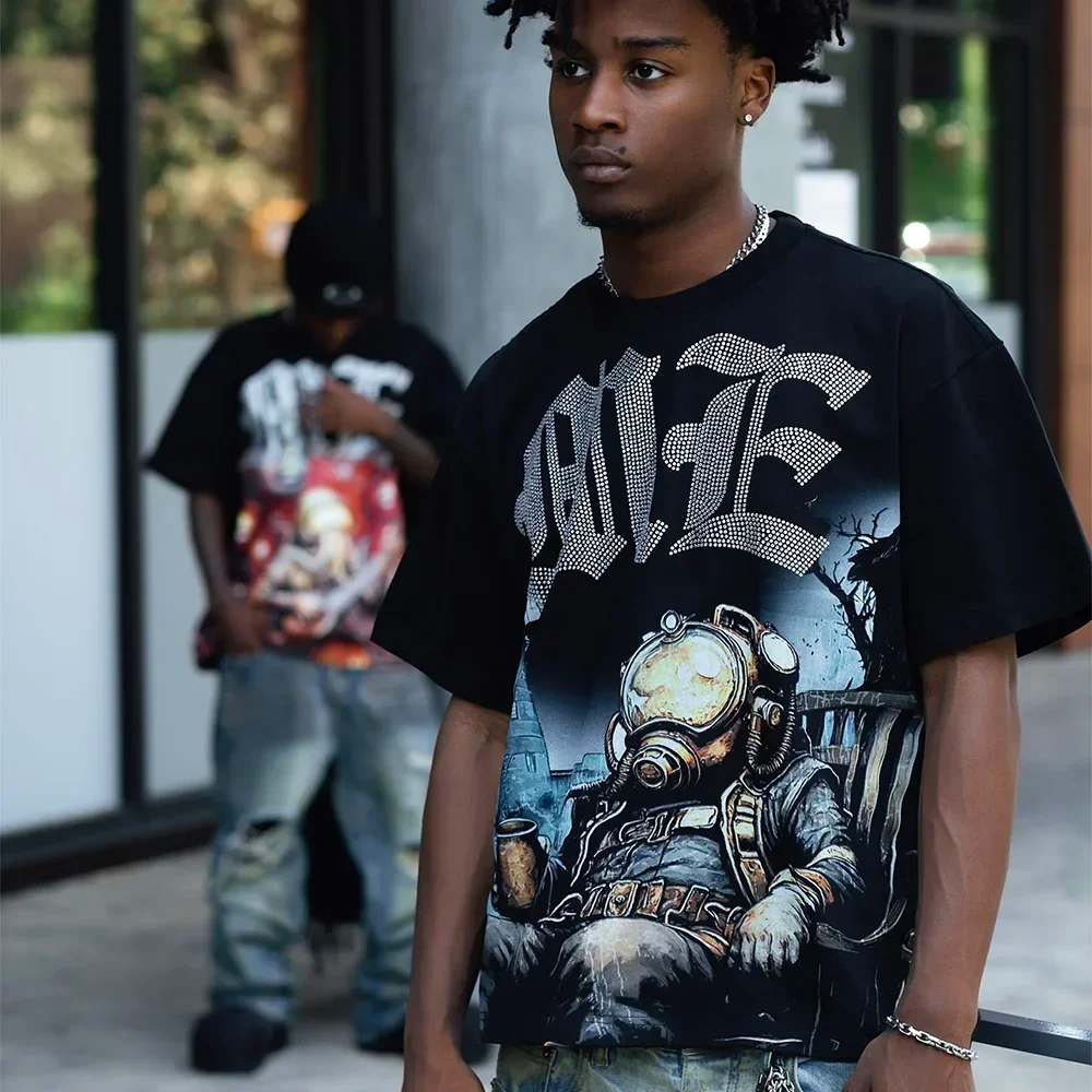 جديد الصيف رسالة حجر الراين قصيرة الأكمام الأسود تي شيرت رجالي الشارع الشهير فضفاض طاقم الرقبة الأعلى ثلاثية الأبعاد تي شيرت مطبوع للجنسين تي شيرت #5