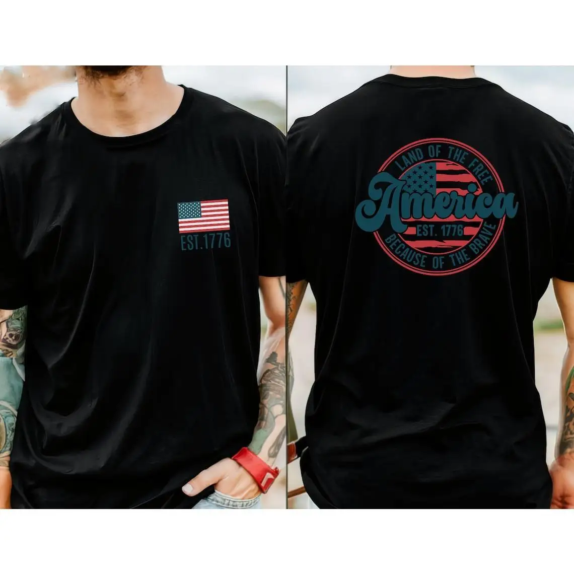 

Patriotic America T-Shirt, Double Sided Land of the Free Est. 1776 USA Flag Graphic Tee, Unisex Because of the Brave Top