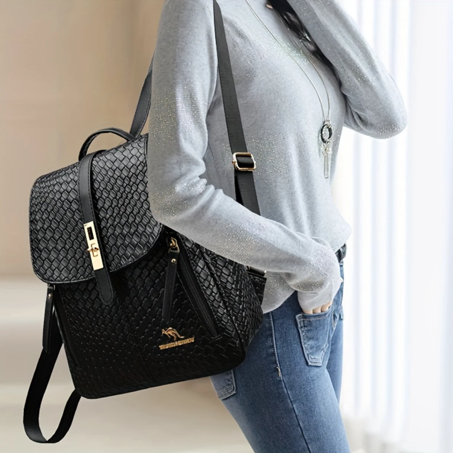 Woven Flap Backpack, Simple Vegan Leather Knapsack, Versatile Daypack Schoolbag For Work, Travel