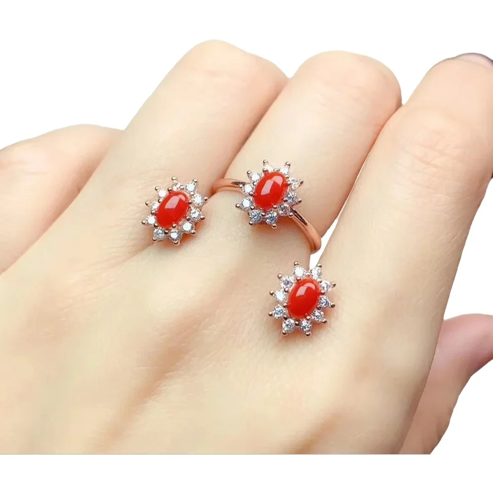 

KJJEAXCMY-925 Sterling Silver Inlaid Natural Red Coral Ring and Earring Set, Classic Jewelry, Supports Test Party, birthday gift