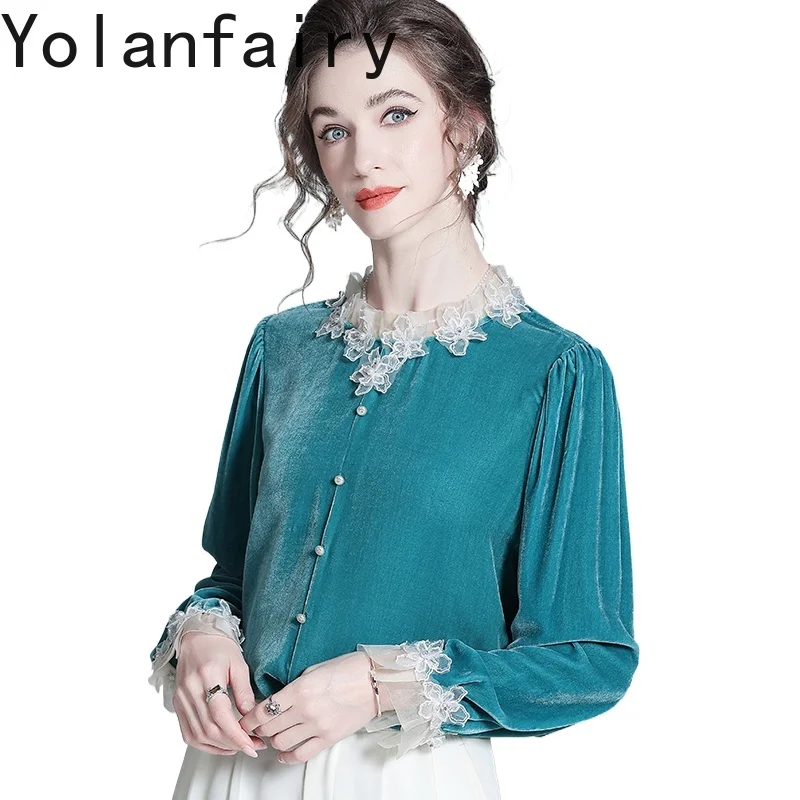 

YOLANFAIRY High-end Real Silk Velvet Blouse Woman Shirt Autumn Light Luxury Ladies Tops and Blouses Three-dimensional Floral Top