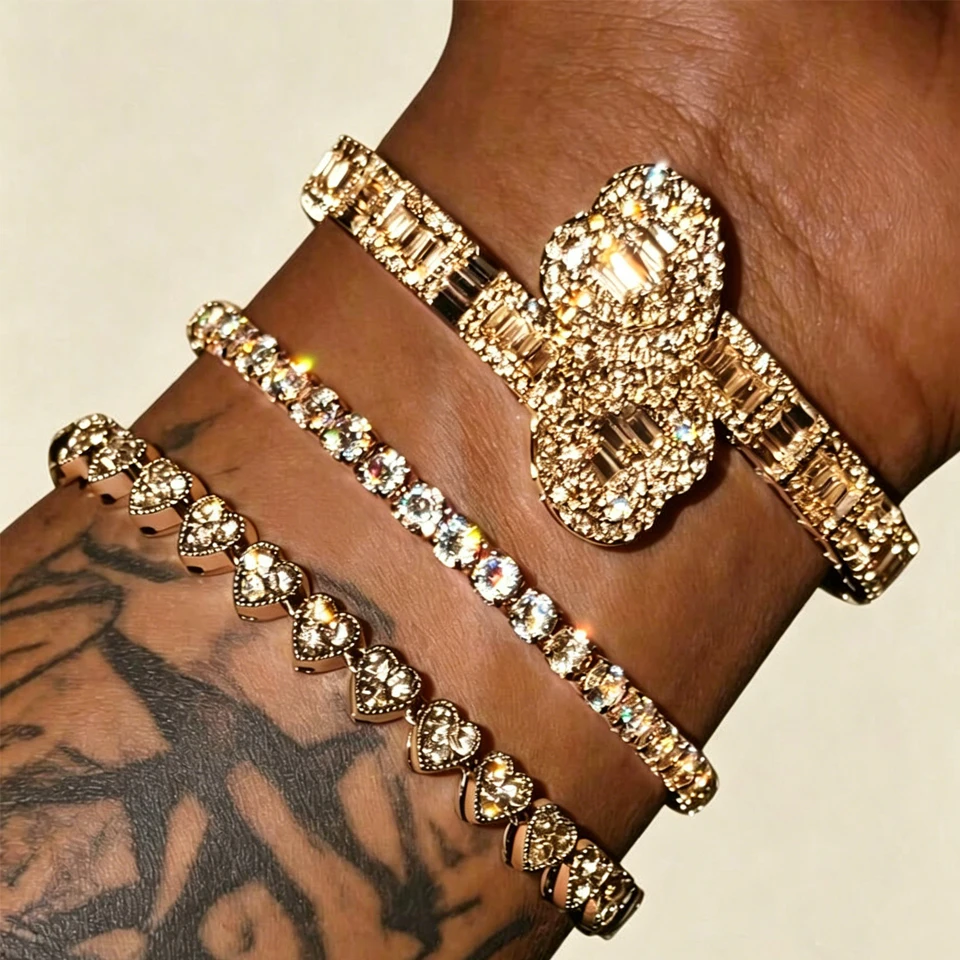 Yupsk 3-teiliges Set Hip-Hop Rock Mode Baguette Strass CZ Herz Tennis-Armband Luxus Rapper Hiphop Schmuck Geschenk – Detail 3