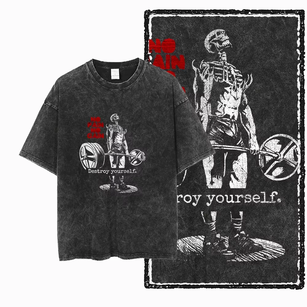 YG BODY BUILDING Printed Cotton Acid Washed Graphic Unisex T Shirt Cool CROSSFIT Streetwear Men Tshirts Big Size Tee for men