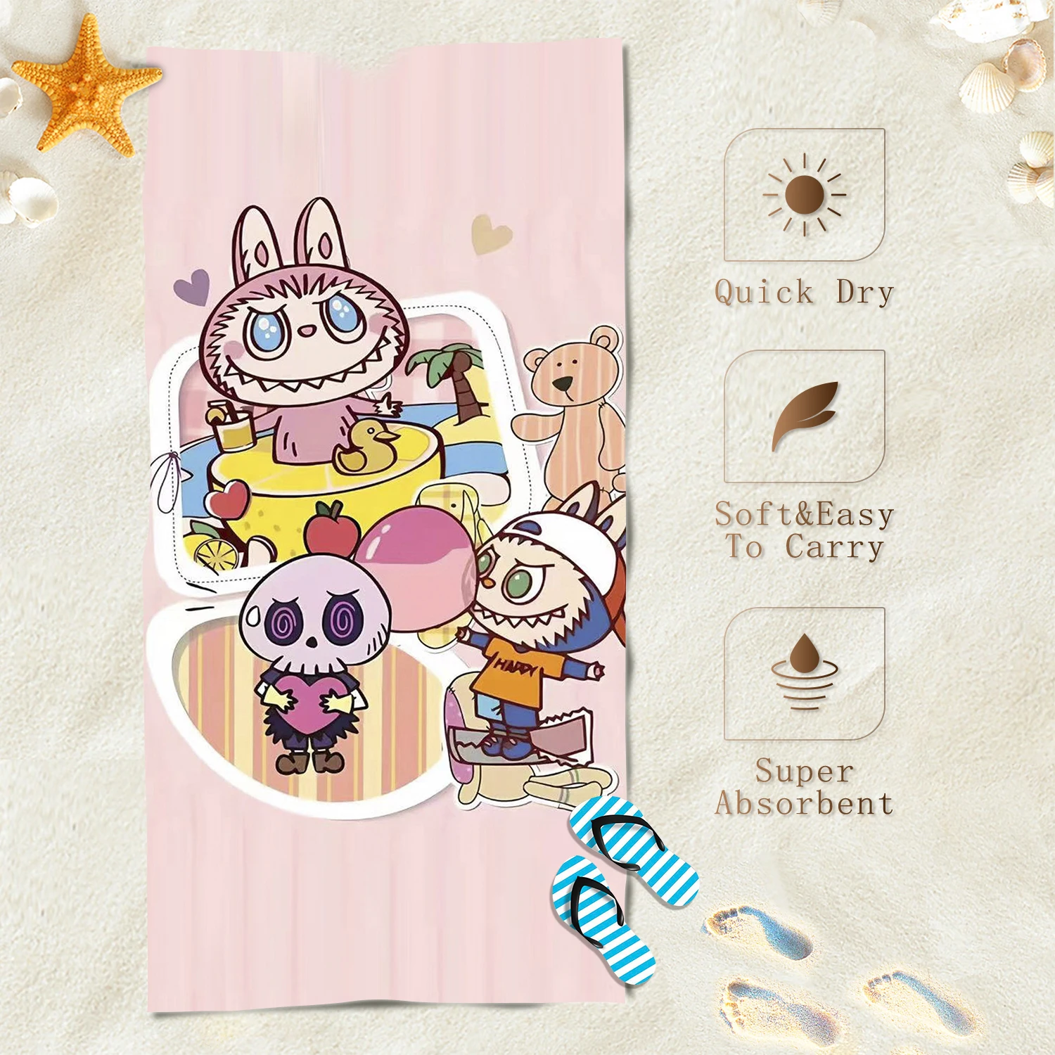 

Cartoon Labubu Beach Towel Cute Home Decor Bath Children Bathroom Yoga Swimming Pool