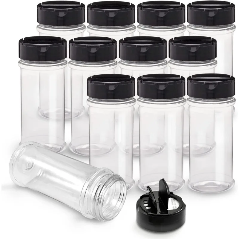 

RoyalHouse 12 Pack 5.5 Oz Plastic Spice Jars with Black Cap, Clear and Safe Plastic Bottle Containers with Shaker Lids for Stori