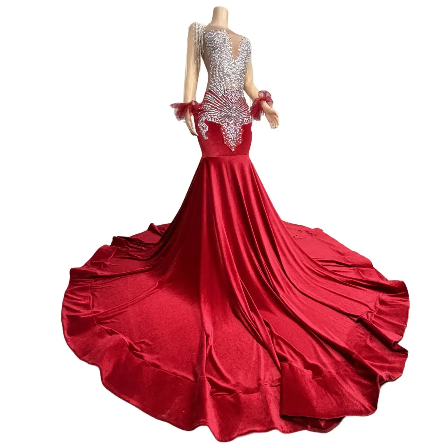 New Sparkly Red Sequin Mermaid Prom Dresses 2024 Luxury Silver Crystal Beaded Sheer Neck Long Prom Gowns for Black Girls Defu