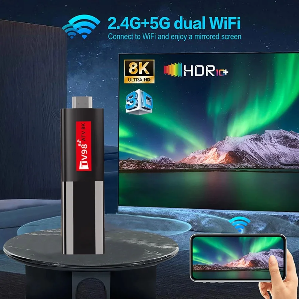 Tv98 atv mini tv vara android 14 suporte 8k vídeo 4k bt5.0 wifi 6 allwinner h618 quad core cortex a53 voz remoto caixa de tv inteligente