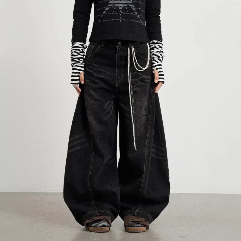 American Retro Black Gray Scimitar Jeans for Women, Autumn Winter Street Style, Baggy Loose Wide-Leg Floor-Length Lantern Pants