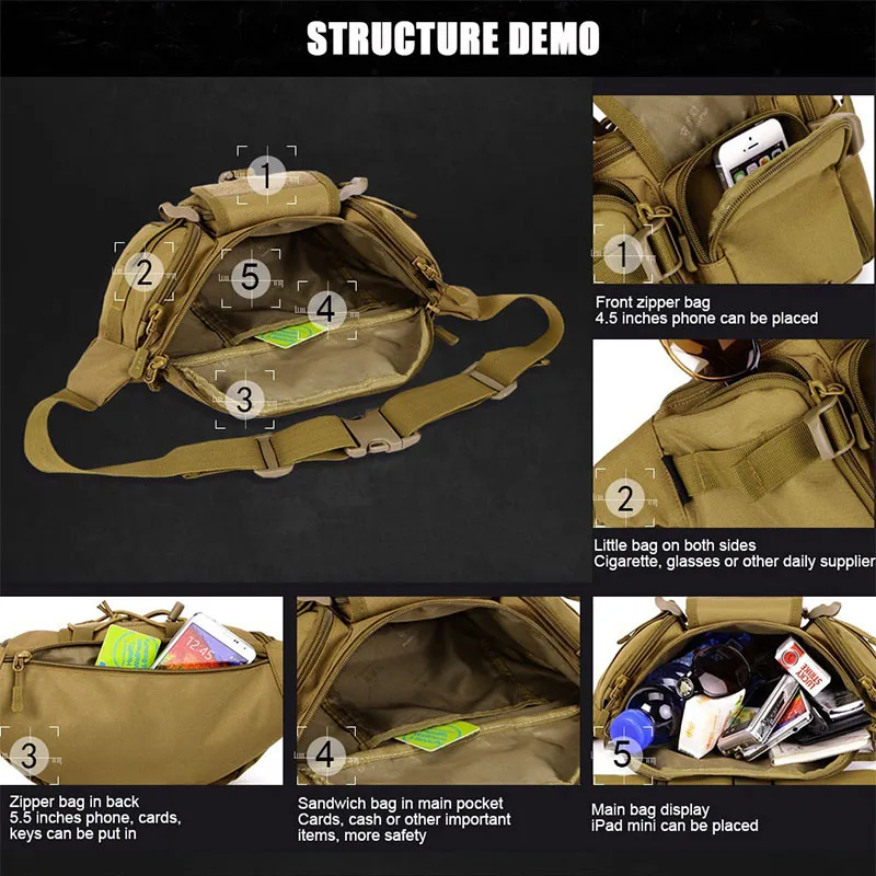 ‌ حقيبة خصر تكتيكية عسكرية للرجال - حقيبة رياضية خارجية مقاومة للماء مع مولي للمشي لمسافات طويلة والجري والسفر