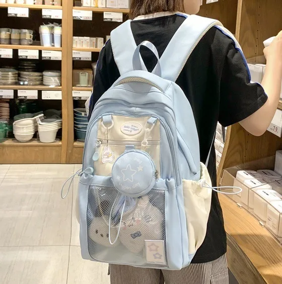 Cute Nylon School Backpack for Girls Teenage Student Women Backpack Multi-Pocket Schoolbag Kawaii Laptop Book Bag Pack Mochila