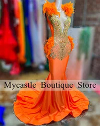 Orange Feathers Beaded Prom Dress For Black Girls 2024 With Gold Crystals Rhinestones Mermaid Birthday Party Gown Robe De Soirée