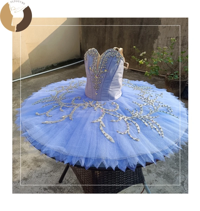 FLTOTURE Girl Child Classical Professional Import Fabric Light Blue Pancake Skirt Ballet Variation Sleeping Beauty Tutu YT4137