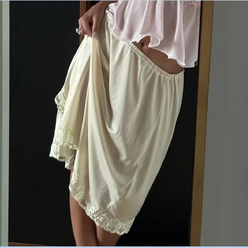 

Womens Y2k Lace Trim Mini Skirt Light Yellow Mid Rise Short Skirt Casual Fit High Flowy Slips Under Dress