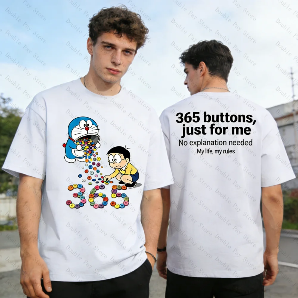 Camiseta com estampa doraemon 365 botões, camiseta para homens e mulheres, camiseta engraçada de desenho animado, verão, casual, streetwear, unissex, tops de algodão