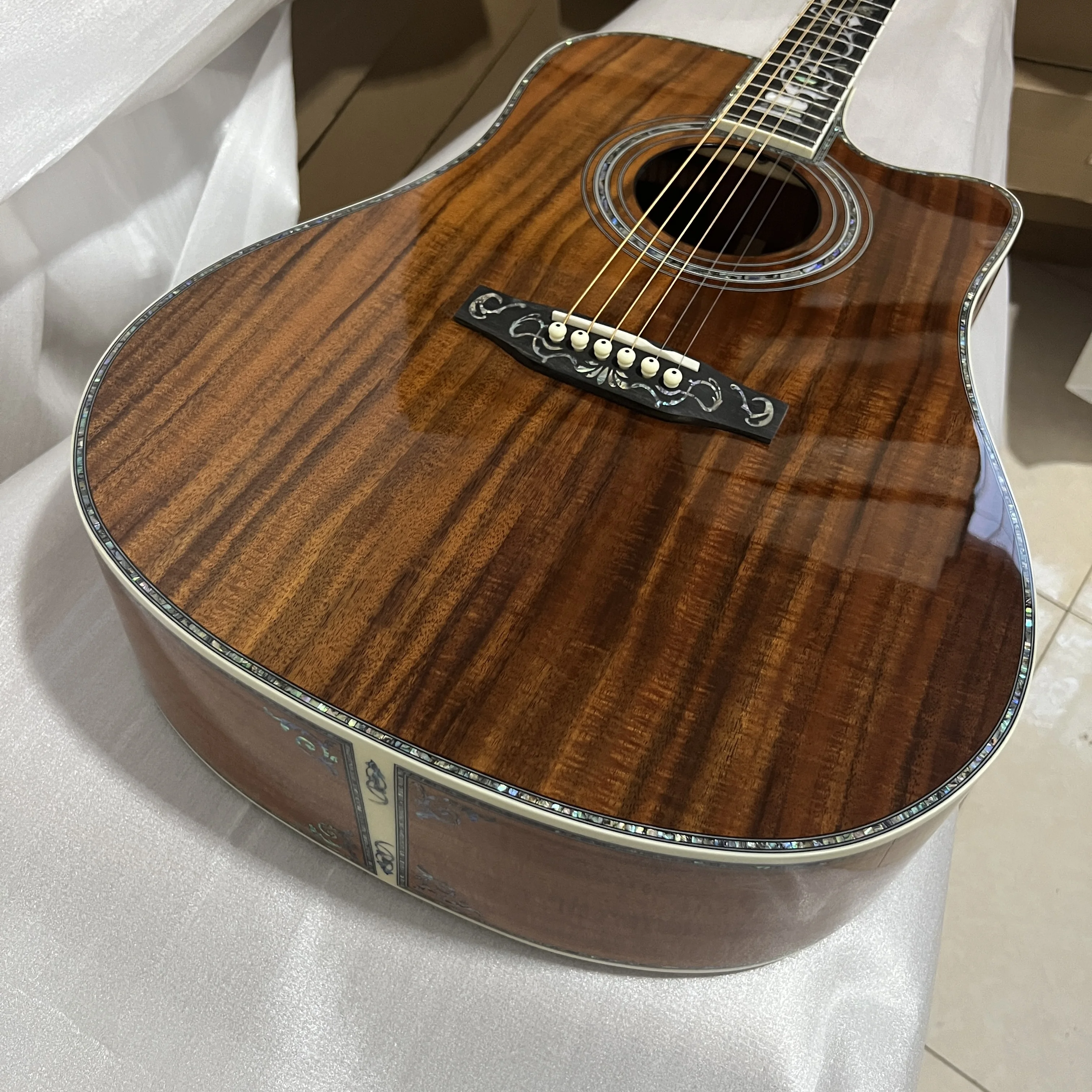 Dark Brown All Koa Wood D45 Acoustic Guitar Ebony Fingerboard Vase Inlay