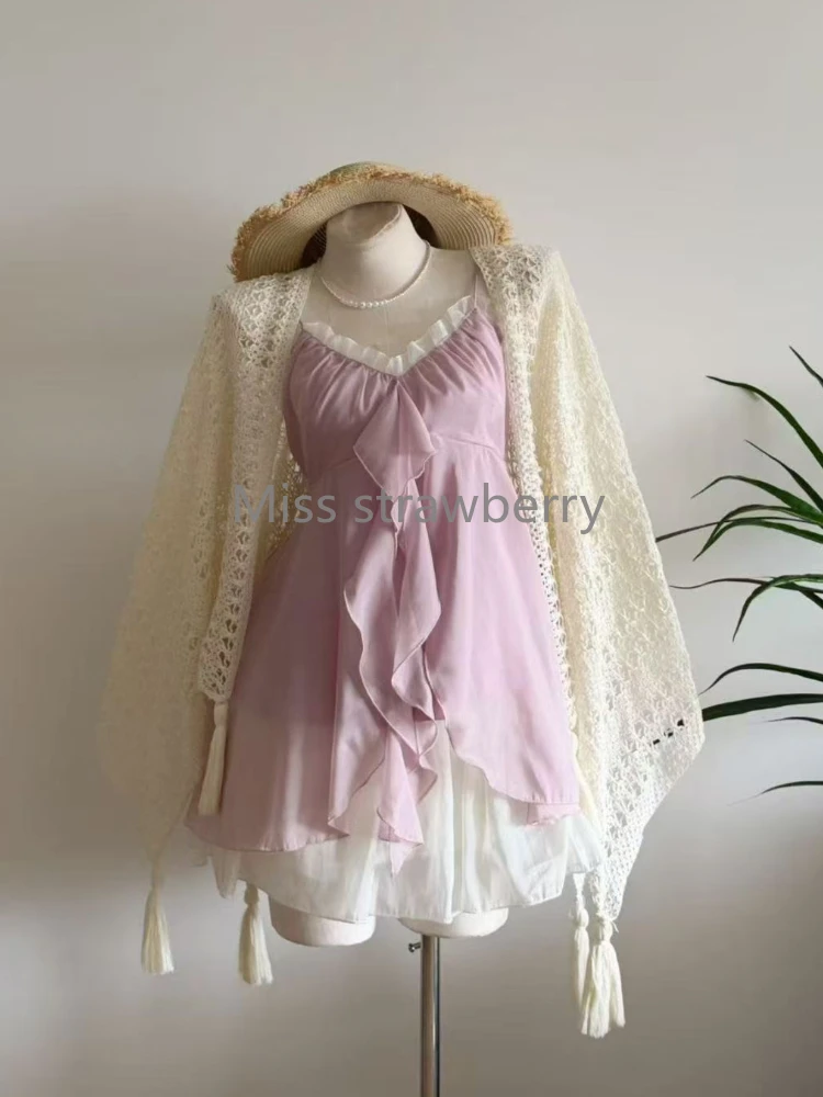 Summer Vintage Sweet Sling 2-piece Set Women Design Chic Loose Chiffon Fairy Suit Female Japanese Elegant Thin New Clothing 2025 image 4
