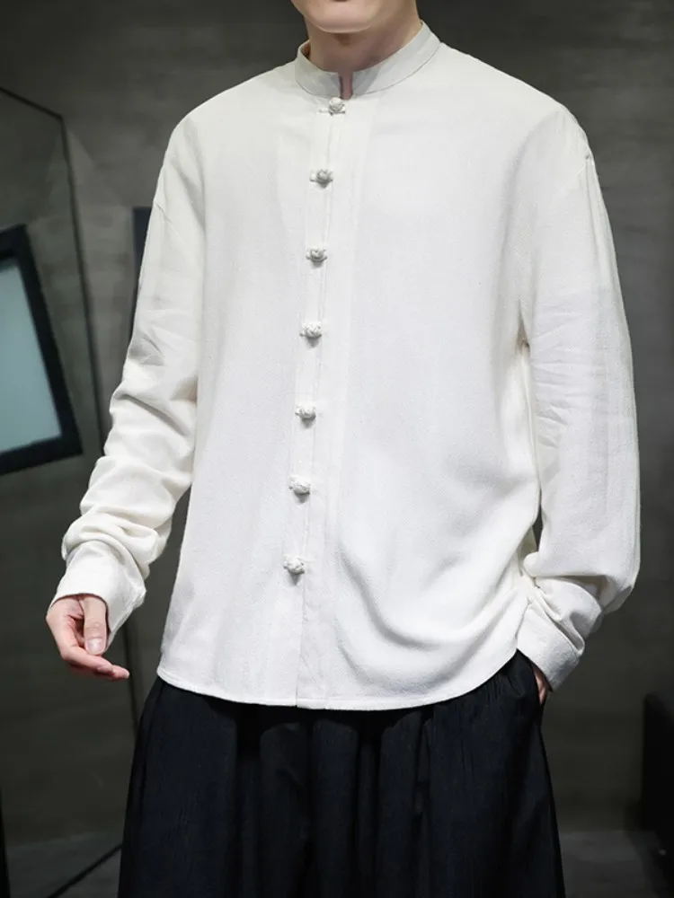 

Loose Fit Linen irt Men's Long Sve Spring New Sle Stand Collar Button up Tang Suit Versatile Retro Top Coat