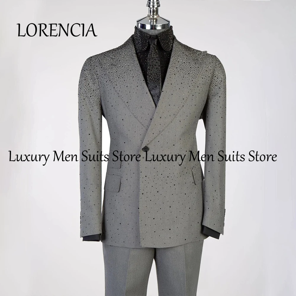 

Simple Crystal Suits for Male 2 Pieces Double Breasted Evening Party Tuxedos Customized Blazer Pants costumes homme Men's Cloth