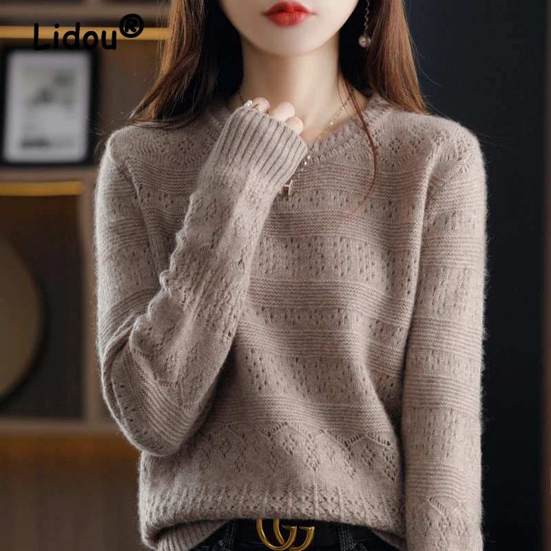 Korean Simple Style Hollow Soft All Match Basic Knitted Sweaters for Women Spring Autumn Casual O Neck Long Sleeve Pullover Tops