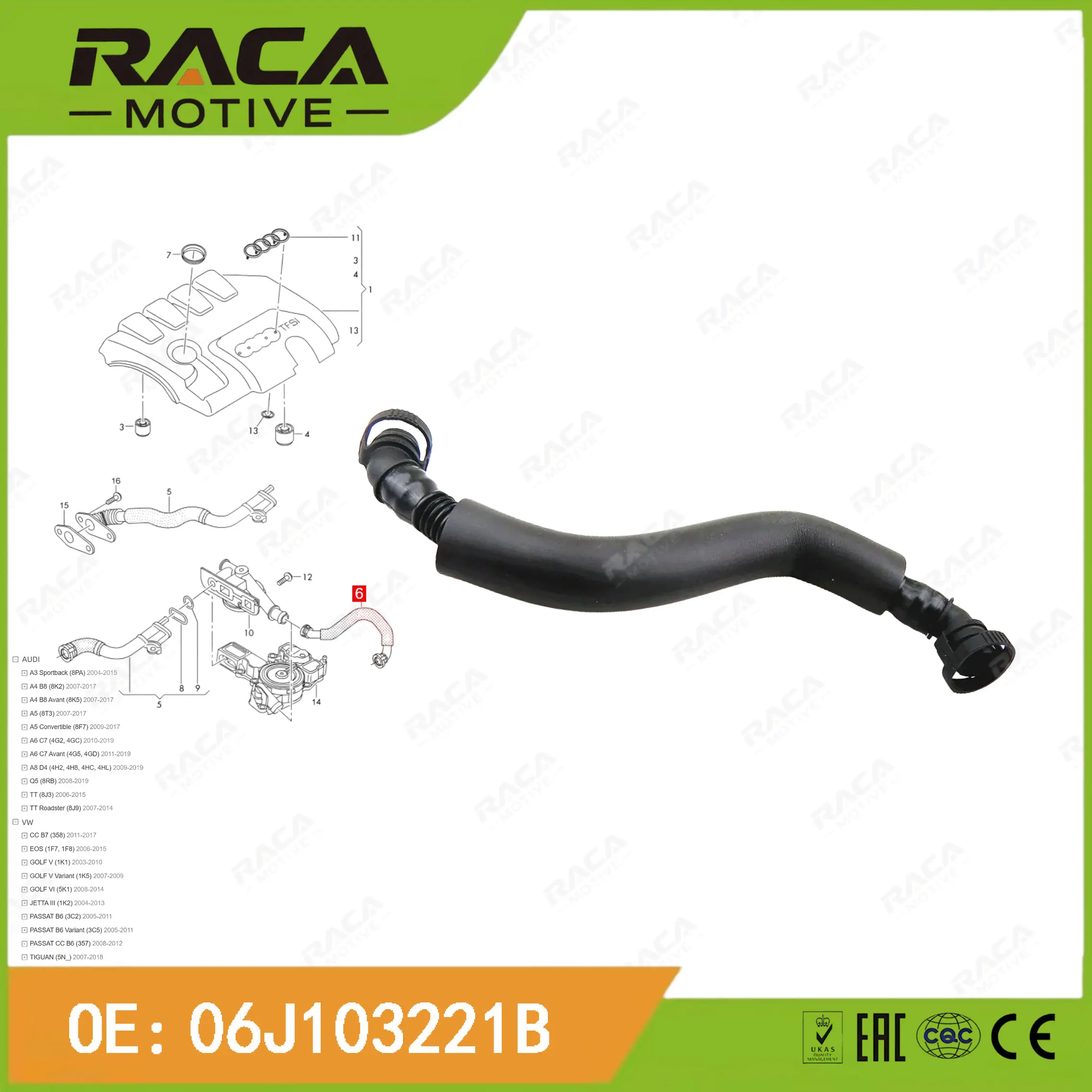 Engine Crankcase Ventilation Hose Suitable for Audi A3 A4 B8 A5 A6 C7 A8 D4 Q5 (8Rb) Tt Volkswagen Cc B7 Eos Golf Jetta Passat Cc B6 Tiguan 06J103221B