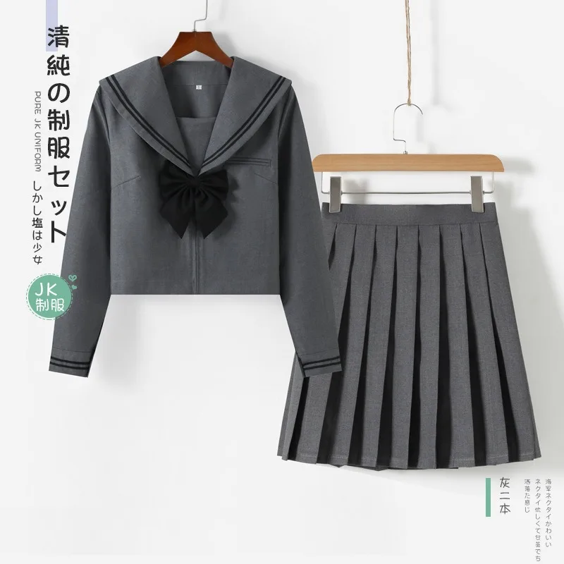 New Basic Jk Tow-Lines Grey Sailor suits Japanese School uniforms Graduation clothes Pleated Skirt Fuku Anime Cos Costumes Women