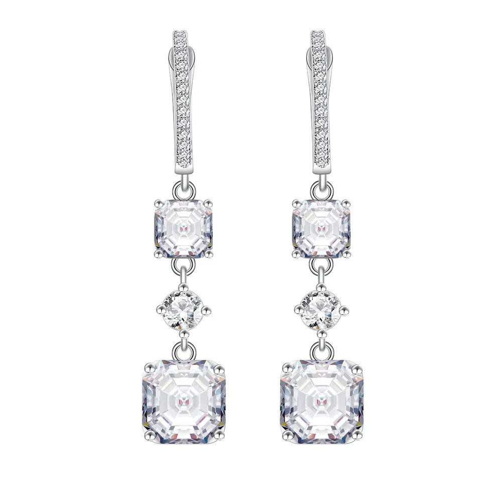 New Models 9 * 9 As Cut High Carbon Diamond Long Earrings for Women 925 Sterling Silver Square Chamfered Sugar